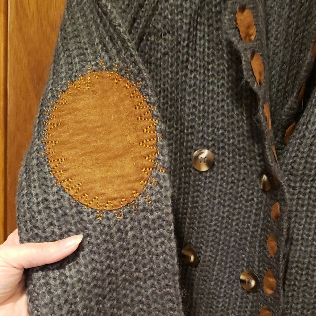 POL Gray Knit Cardigan Duster with Brown Ribbon Accents And Elbow Patches.