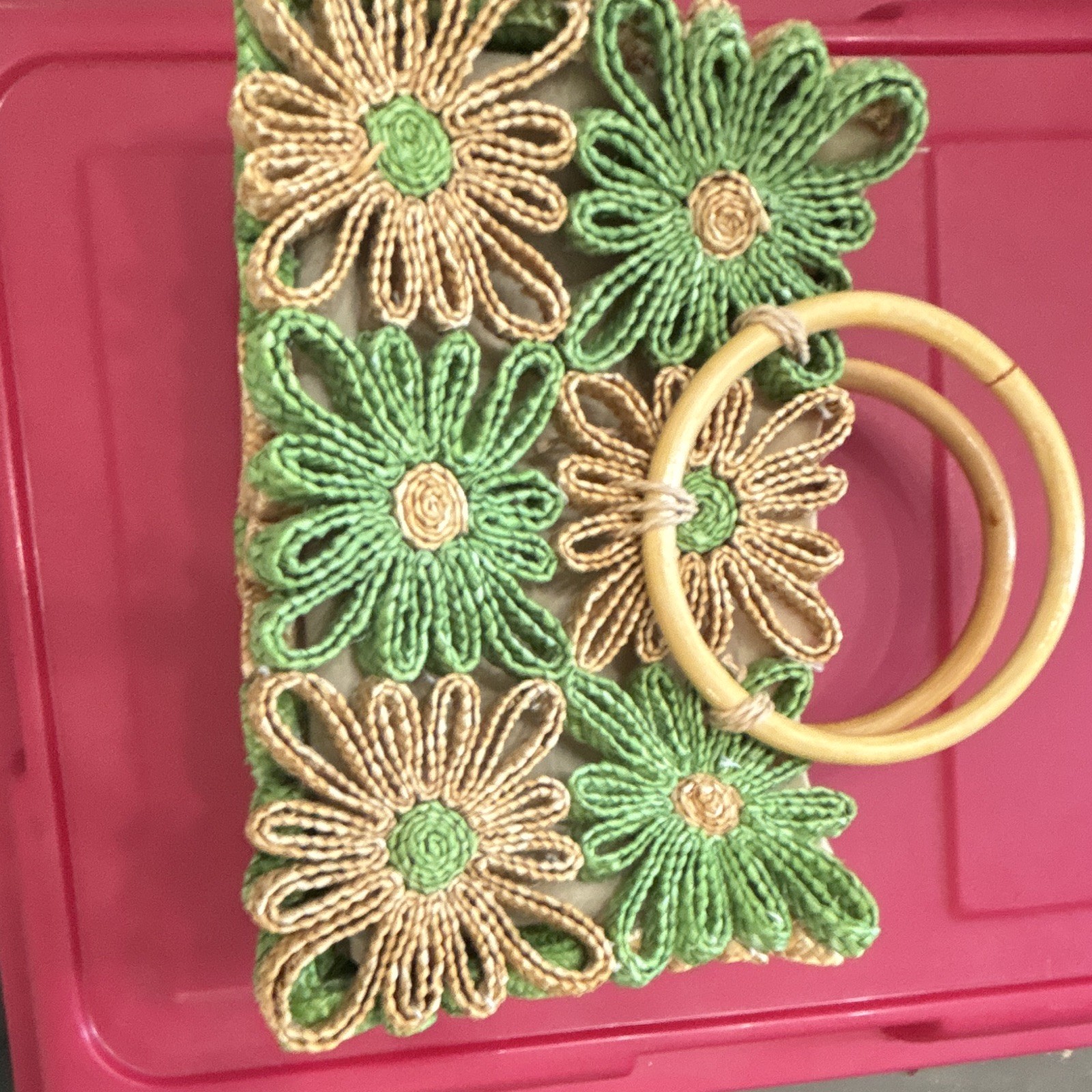 Green Beige Floral Straw Tote Bag Crochet Accents Bamboo Top Handles Lined