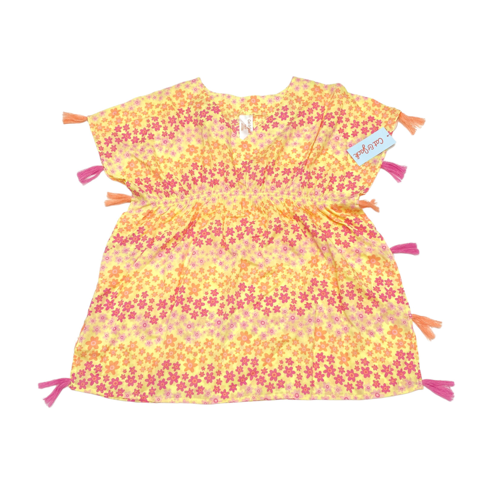 Cat & Jack Girls Size S 6/7 Caftan Swimsuit Cover Up Floral Yellow Orange Pink