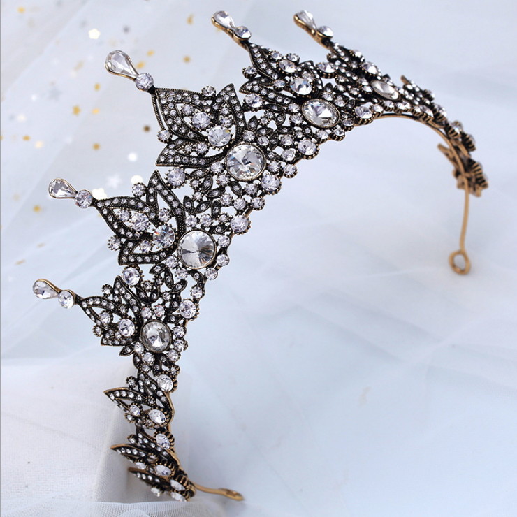 8cm Tall Antique Brass Crystal Wedding Bridal Queen Princess Prom Tiara Crown