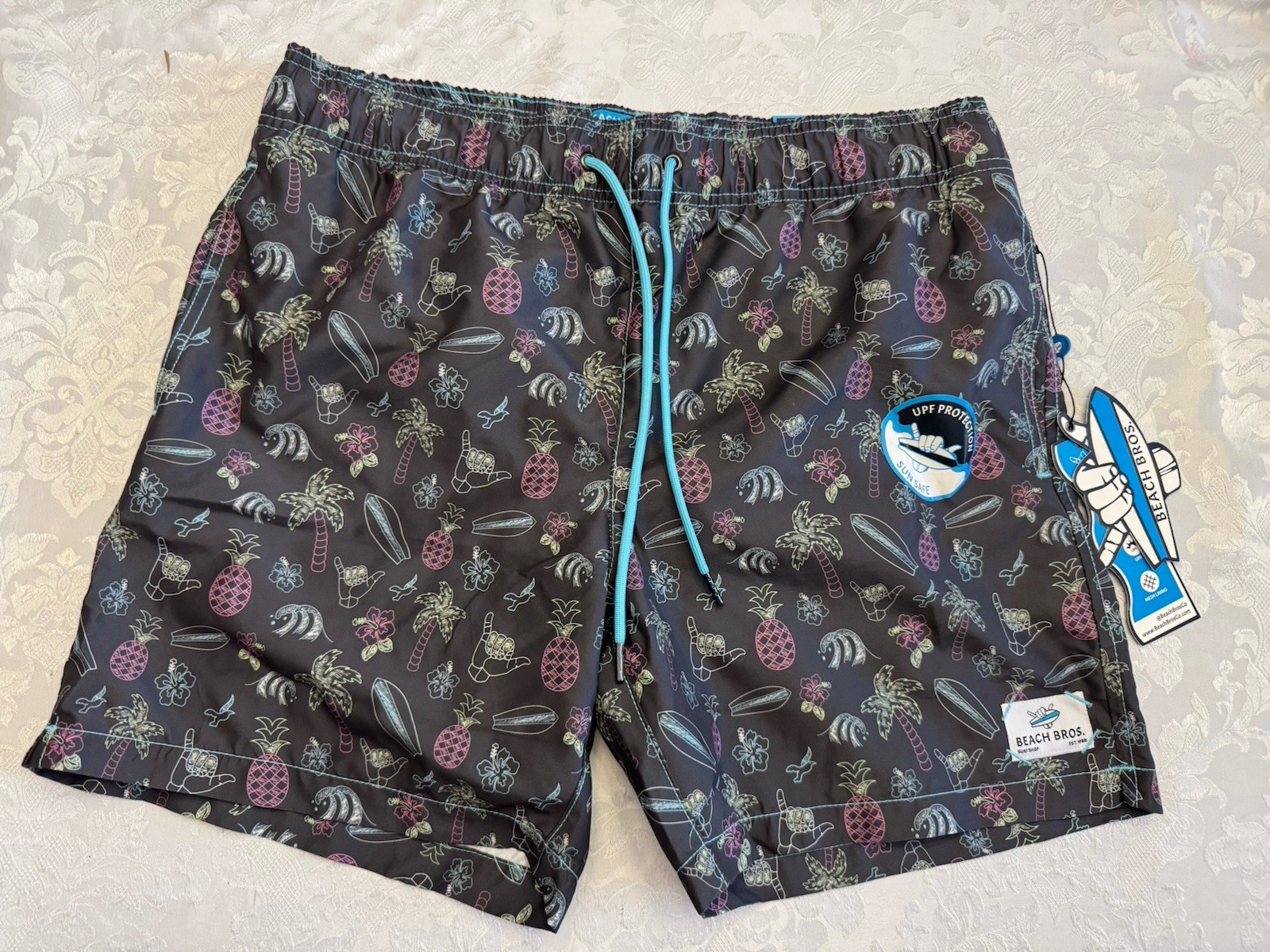 Beach Bros Tropical Chalk Gray Piping Swim Trunks Resortwear Large New