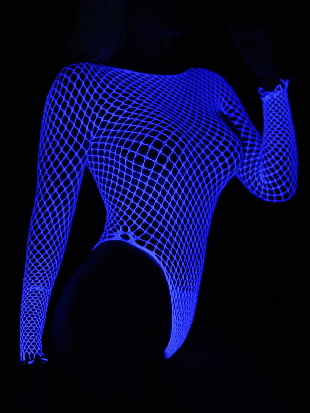 Sexy High Cut Fishnet Bodysuit Sheer Top Glow In The Dark Blue Cutout Bikini