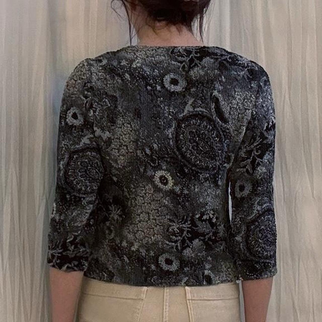 Navy, Gray, Black Paisley Reversible Crinkle Fabric 3/4 Sleeve Top VTG 90s/Y2K S