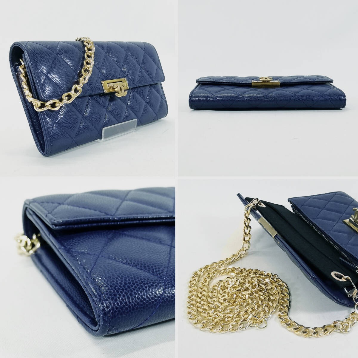 CHANEL Caviar Matelasse Long Wallet Blue Gold Chain Strap Coco Lock 7.48×4.13in