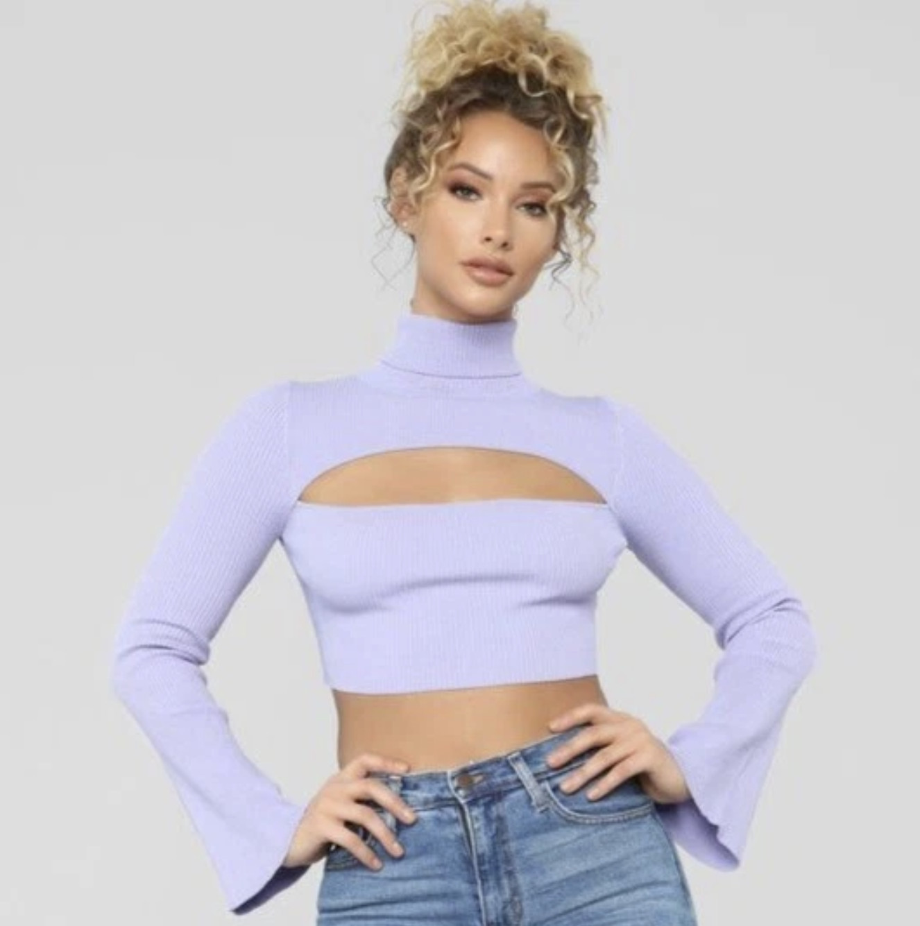 Fashion Nova Just A Little Sweater Womens M Lavender Turtleneck Bell Sleeves NWT