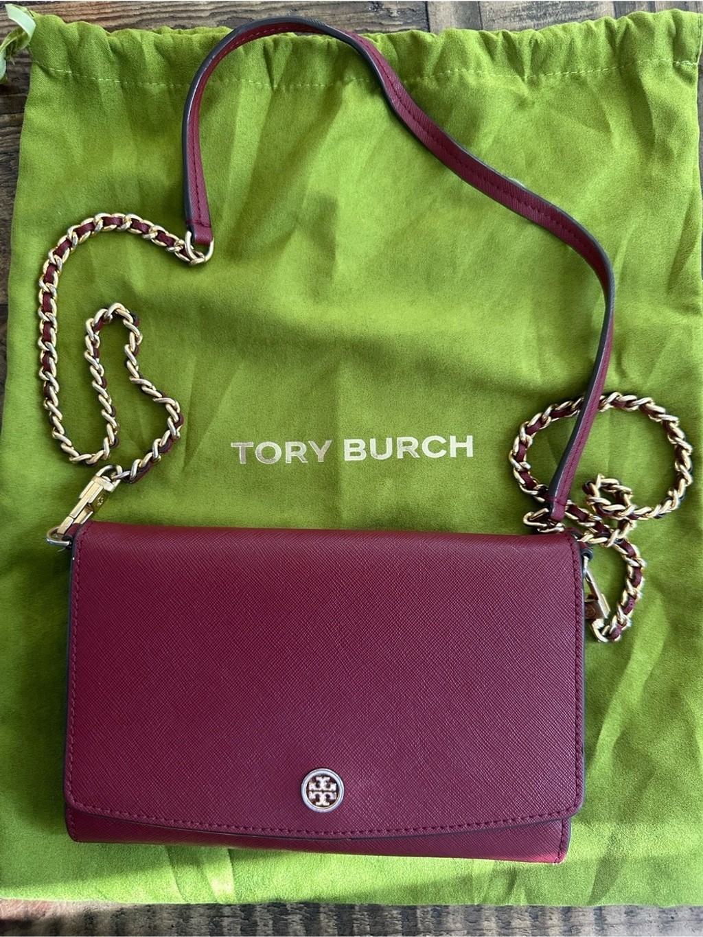Tory Burch Burgundy Robinson Chain Wallet Crossbody