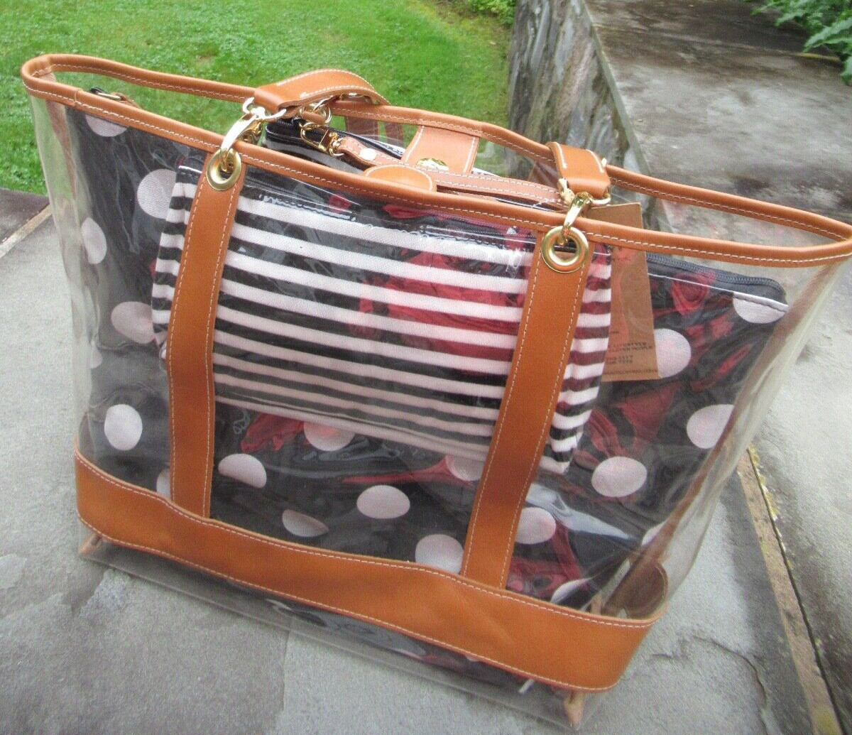 NWT Clever Carriage Co. Large Clear Tote/ Leather Trim/ Striped/ Polka Dot Bags