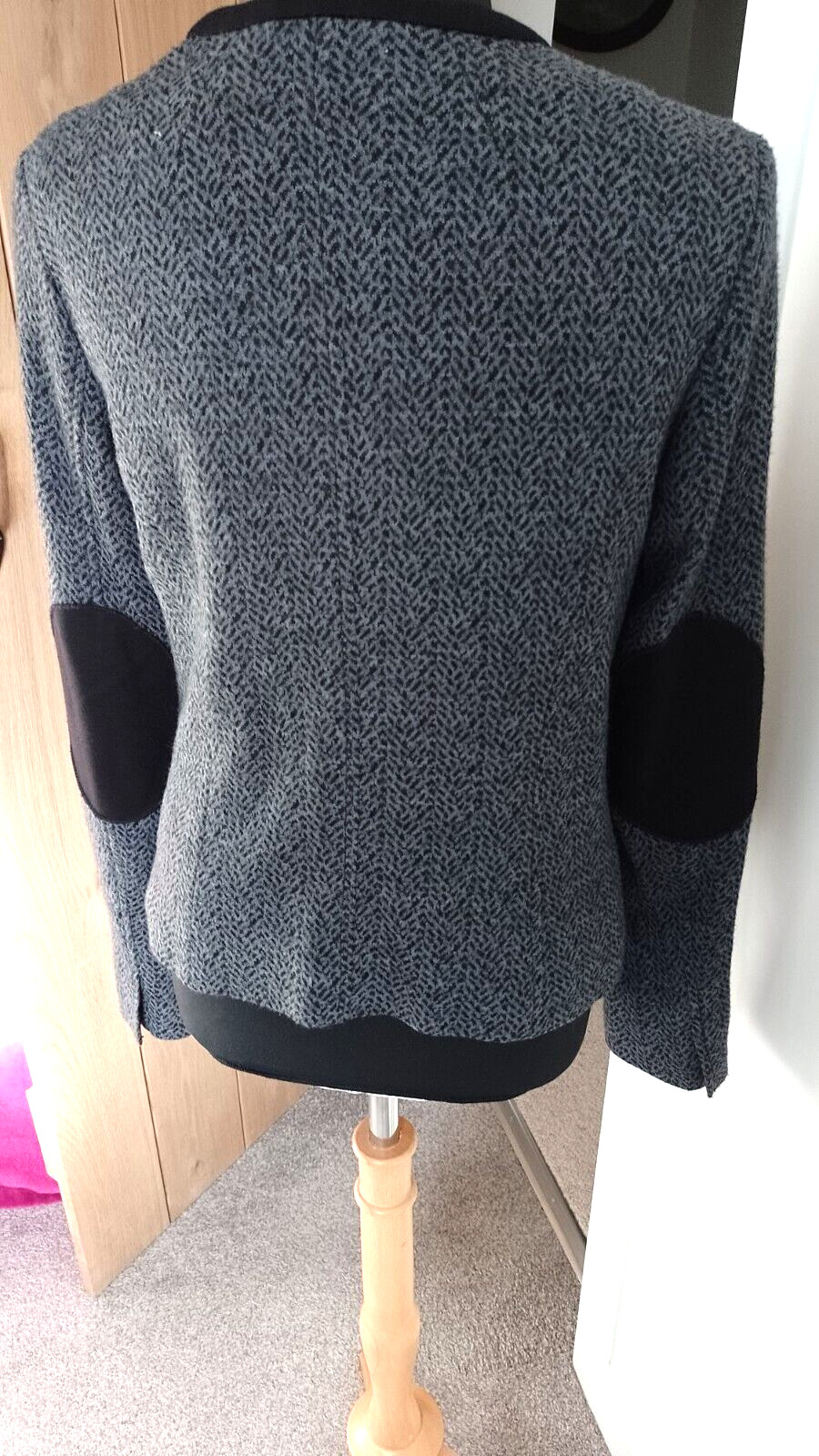 NEW-JOBIS STRETCH WOOL BLEND BLACK & GREY JACKET-ELBOW PATCHES-LINED-UK 14.
