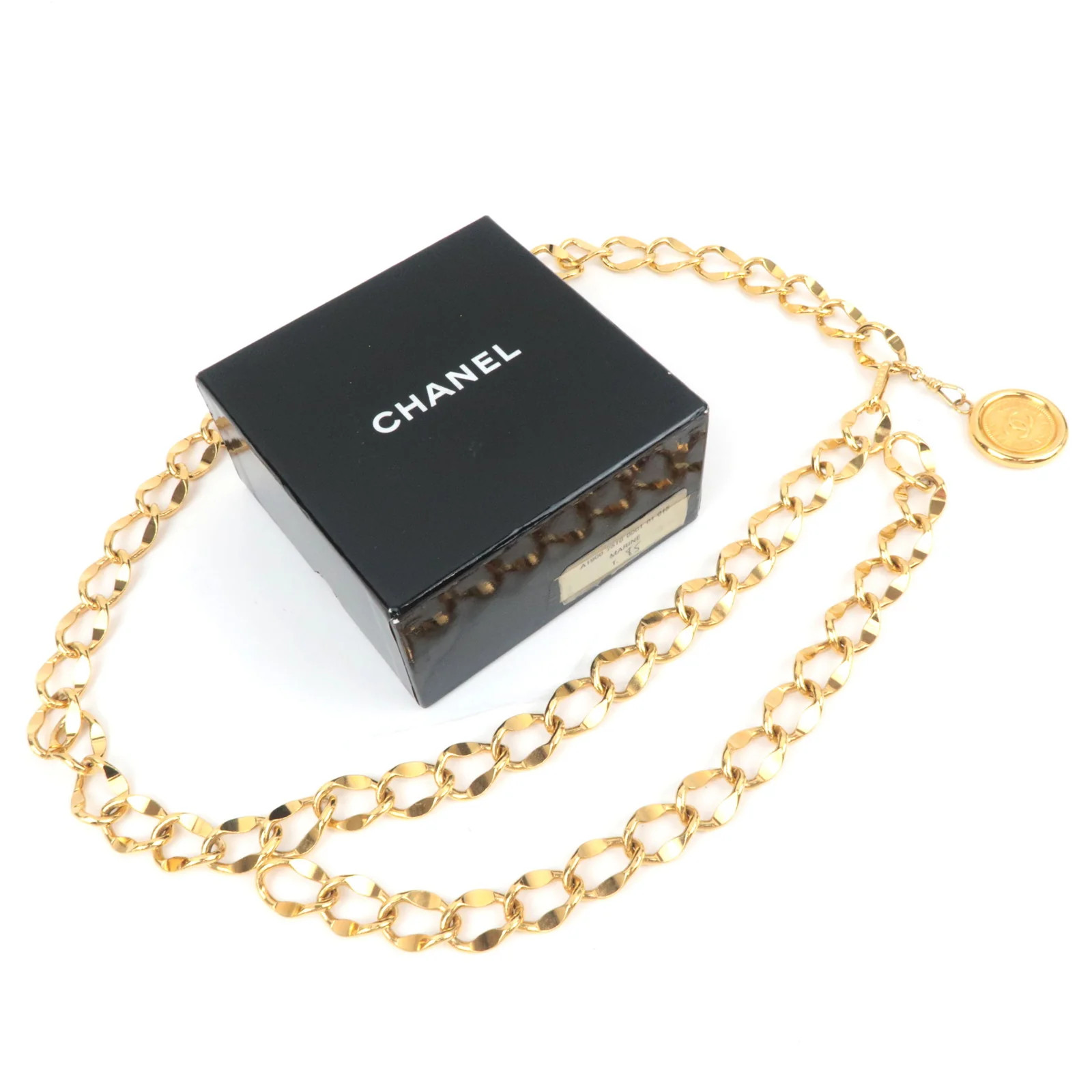 CHANEL Coin Charm Double Chain Belt Waist Around 75cm Gold Color Authentic
