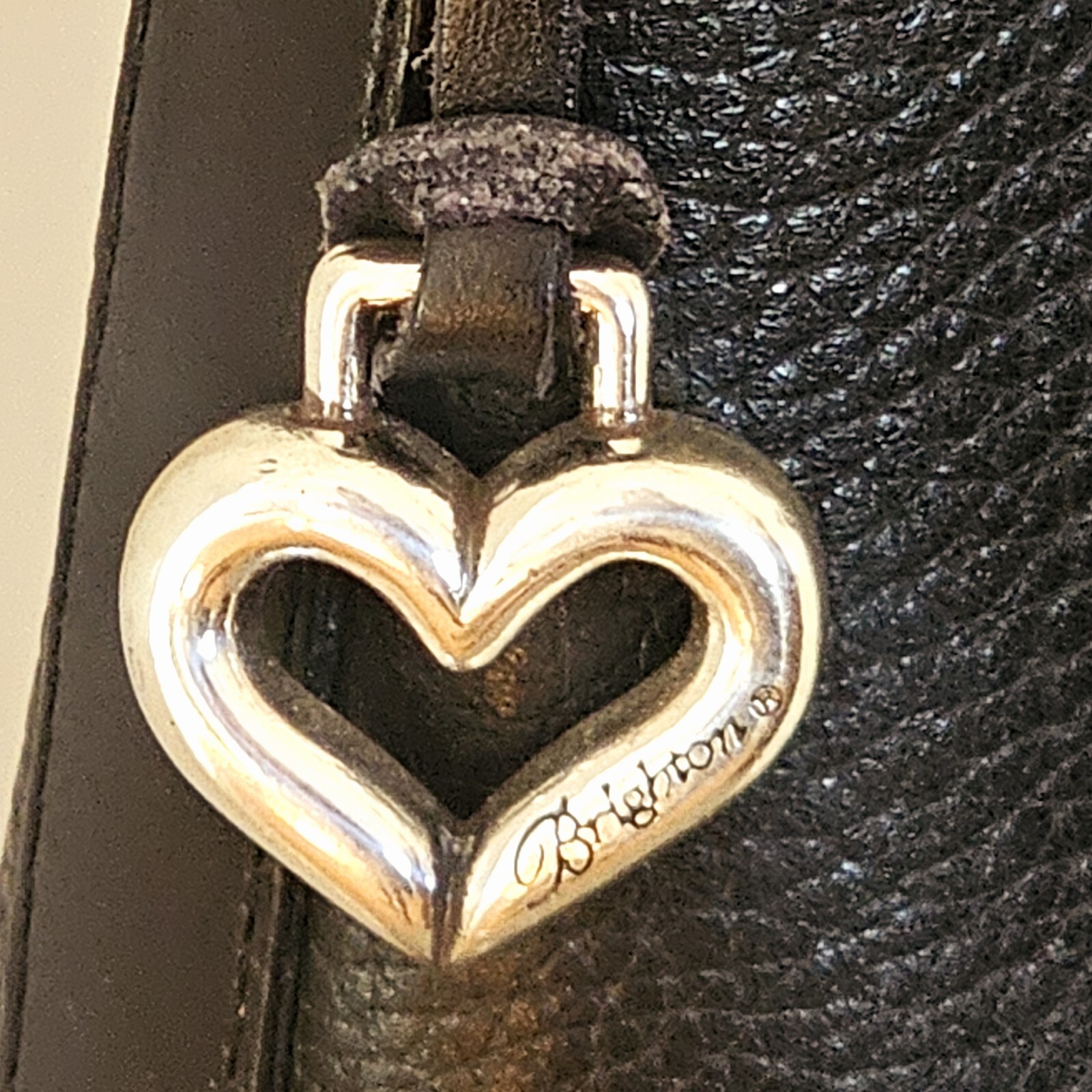 VTG Brighton Black Pebble Leather Braided Strap Silver Heart Purse Hobo HandBag
