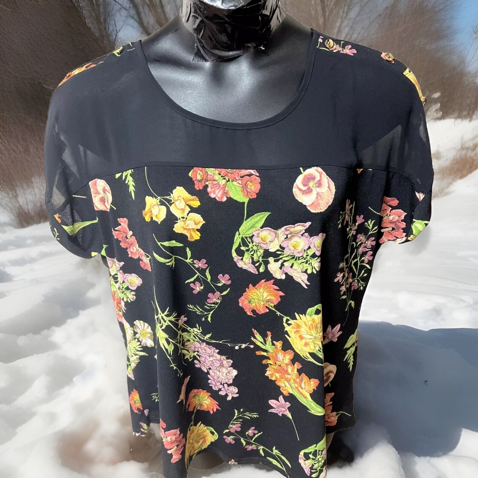 Floral Chiffon Top Black Yoke Cap Slv Brass Button Accent Cottage Festive Sz 1X