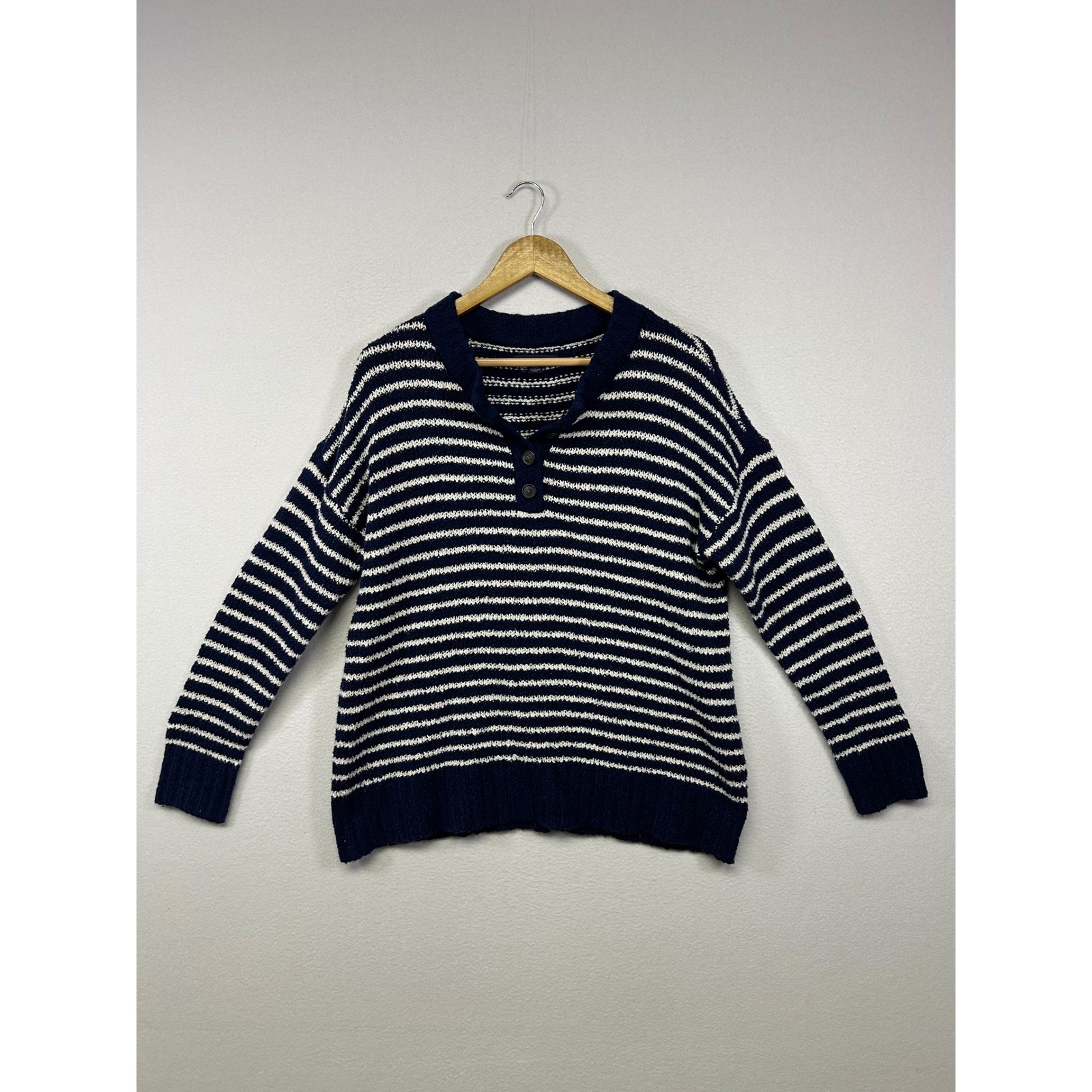 Coastal Nautical American Eagle Womens S Navy White Striped Henley Knit Sweater