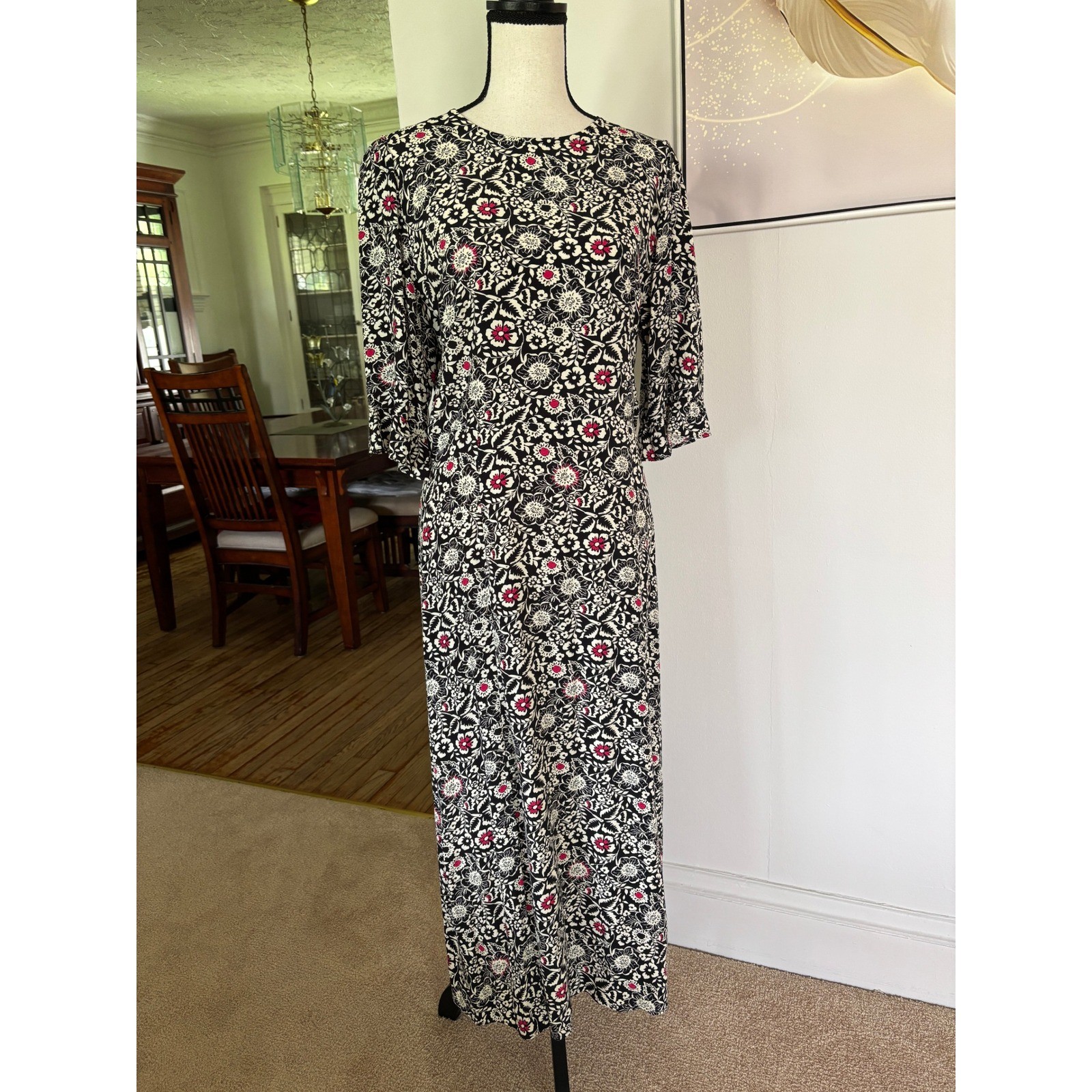 LOFT Floral Maxi Dress Black White Pink 3/4 Sleeve Sz 6 Column