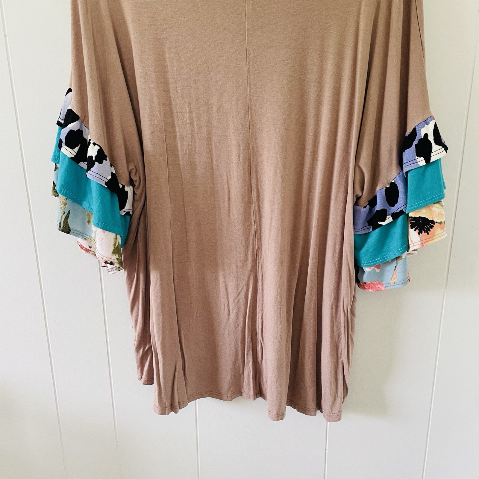 Celeste Taupe Multicolor Colorblock Ruffle Round Neck Flutter Sleeve Top 3XL