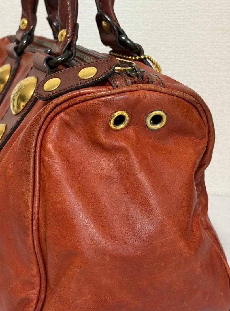 GUCCI Red Leather Boston Bag Vintage Studded Heart Charm Womens Handbag 71