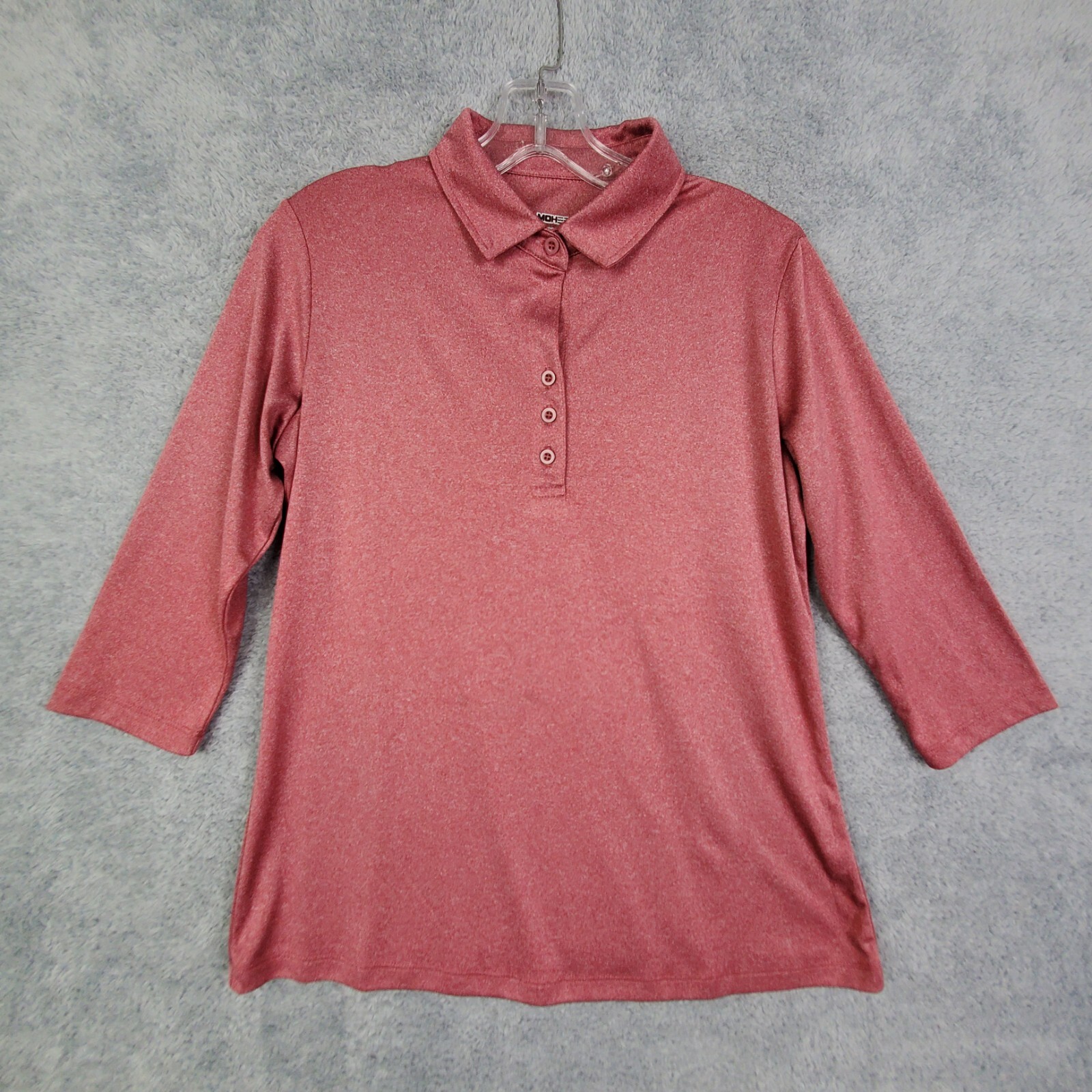 Moheen Womens Polo Shirt Size M Pink Collared 3 Qtr Sleeve Button Up Polyester