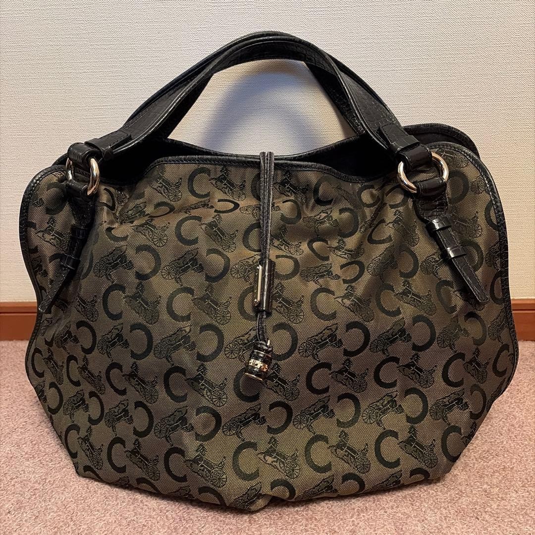CELINE C Macadam Canvas Trapeze Bag Beige Black Nylon Leather Charm Authentic