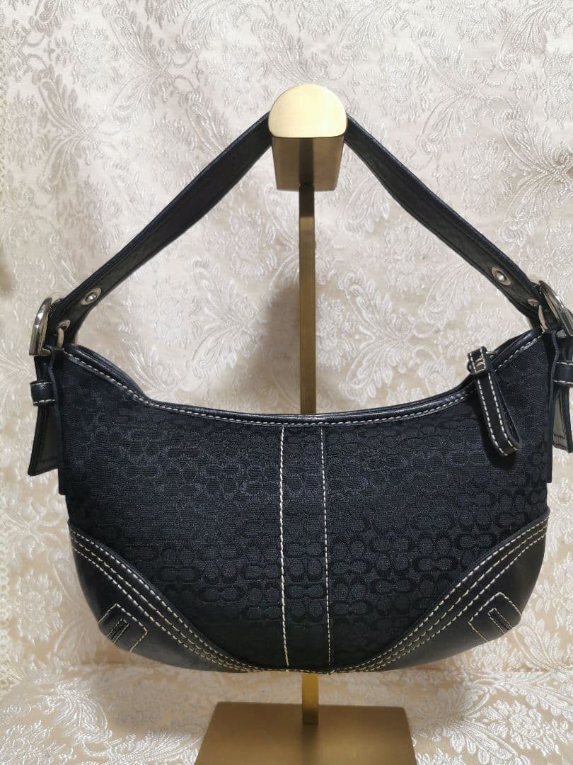 Coach One-Shoulder Bag Black 2154 Signature Canvas Leather Jacquard 9.8 inch