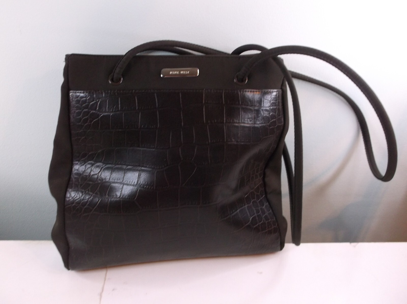 Nine West Crocodile Front Faux Leather/Nylon Brown Satchel Handbag NWOT