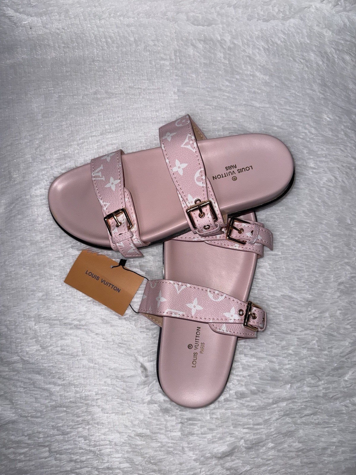 Louis Vuitton Monogram Double Strap Buckle Slide Sandals Pink/White EU 42