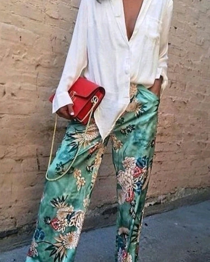 Zara Oriental Satin Green Wide Leg Elastic Waist Trousers L 10