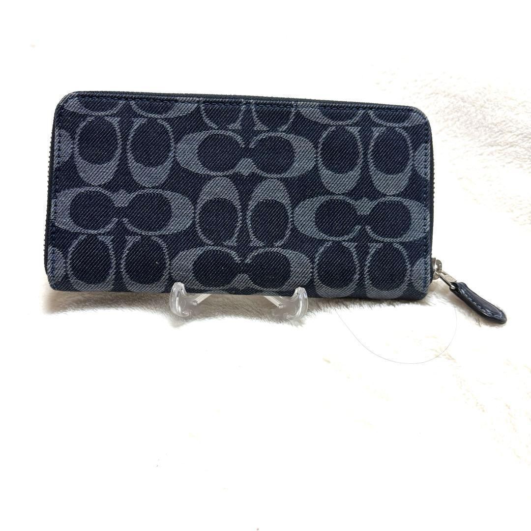 COACH Long Wallet Denim Accordion Zip Wallet Navy Logo