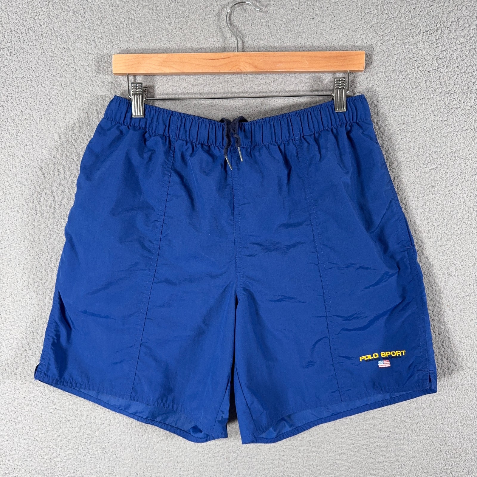 Vintage 90s Polo Sport Ralph Lauren Shorts Medium Blue USA Flag Logo 7″ Lined