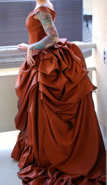 Rust Victorian Satin Bustle Ball Gown Off Shoulder Costume Dresses With Train