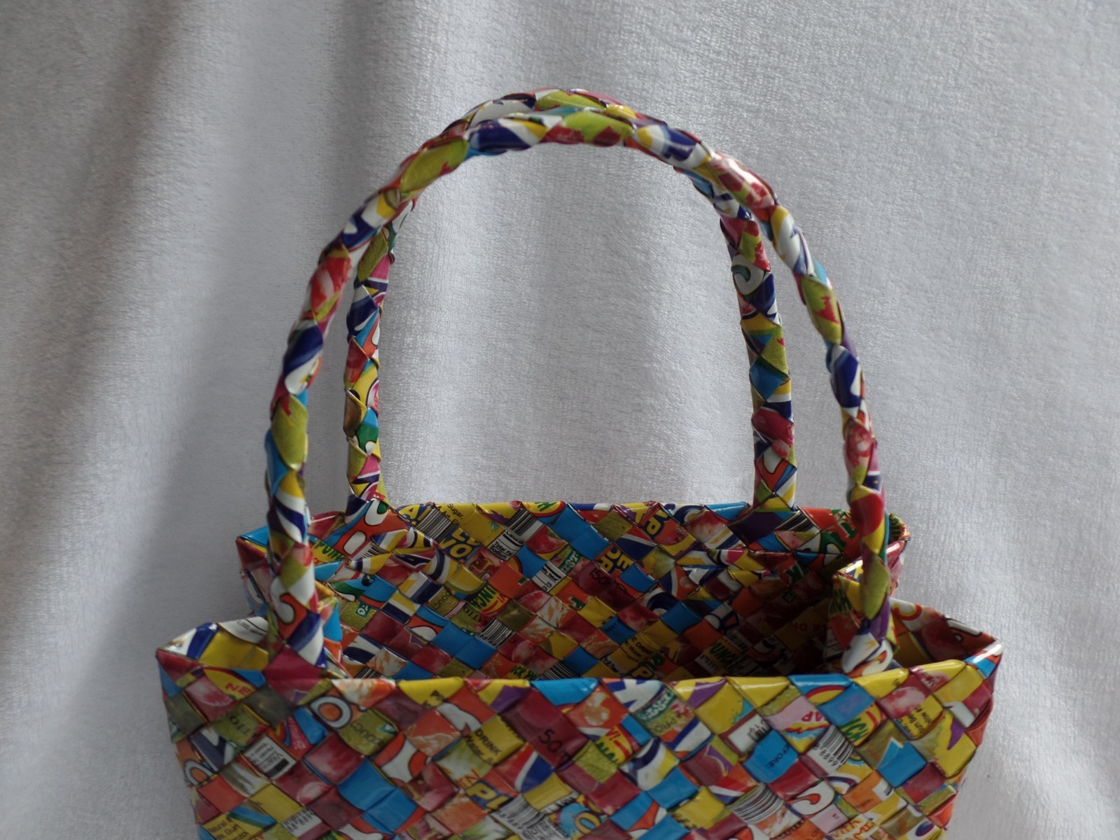 Handmade Recycled Wrapper Woven Tote Bag, Multicolor, Eco-Friendly