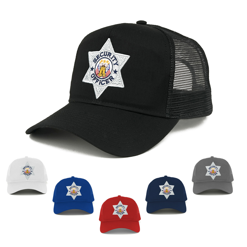 Security Officer Silver Embroidered Iron on Patch Adjustable Mesh Trucker Cap