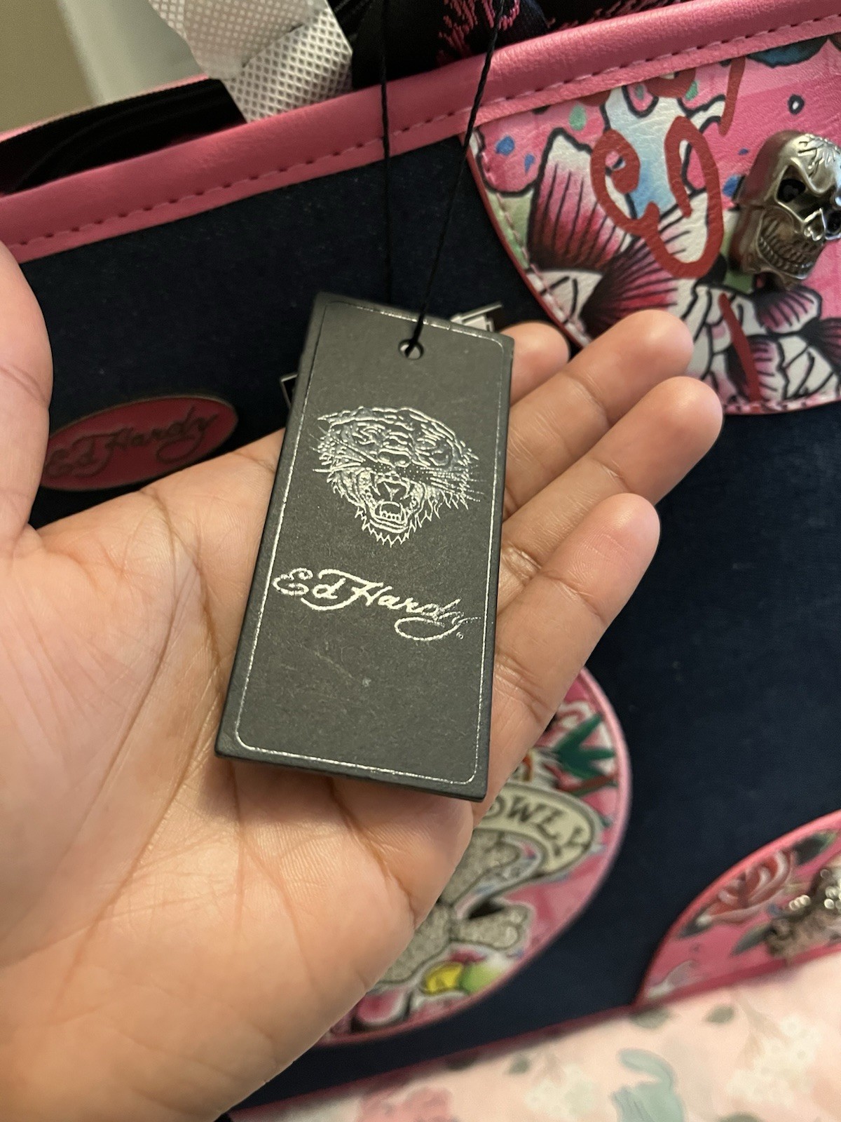 Brand New Ed Hardy Denim Pink Rhinestone Tattoo Purse Bag