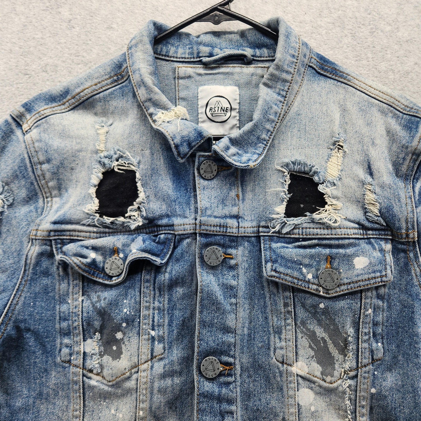 RSTNE Jacket Mens Large Blue Denim Distressed Paint Splatter Ripped Studded