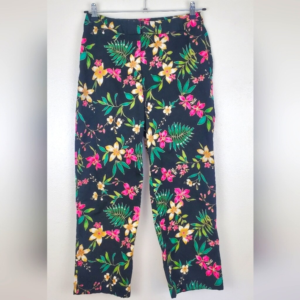 Rafaella Black Floral Print Pants | Size 10 / Straight Leg | Bright Bold