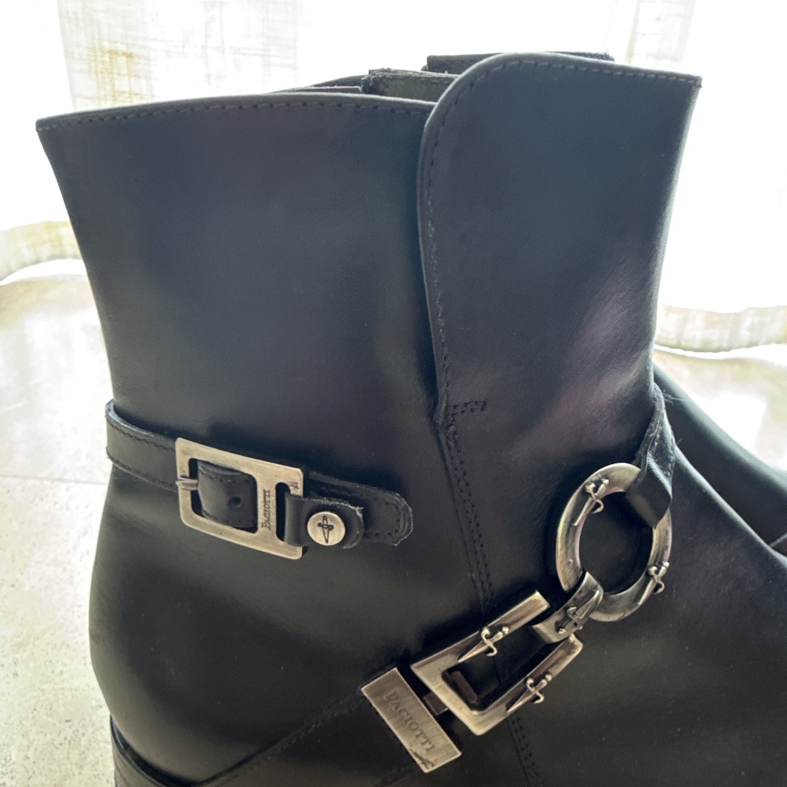 Cesare Paciotti Men’s Black Leather Ankle Harness Boots Round Toe Zip 10