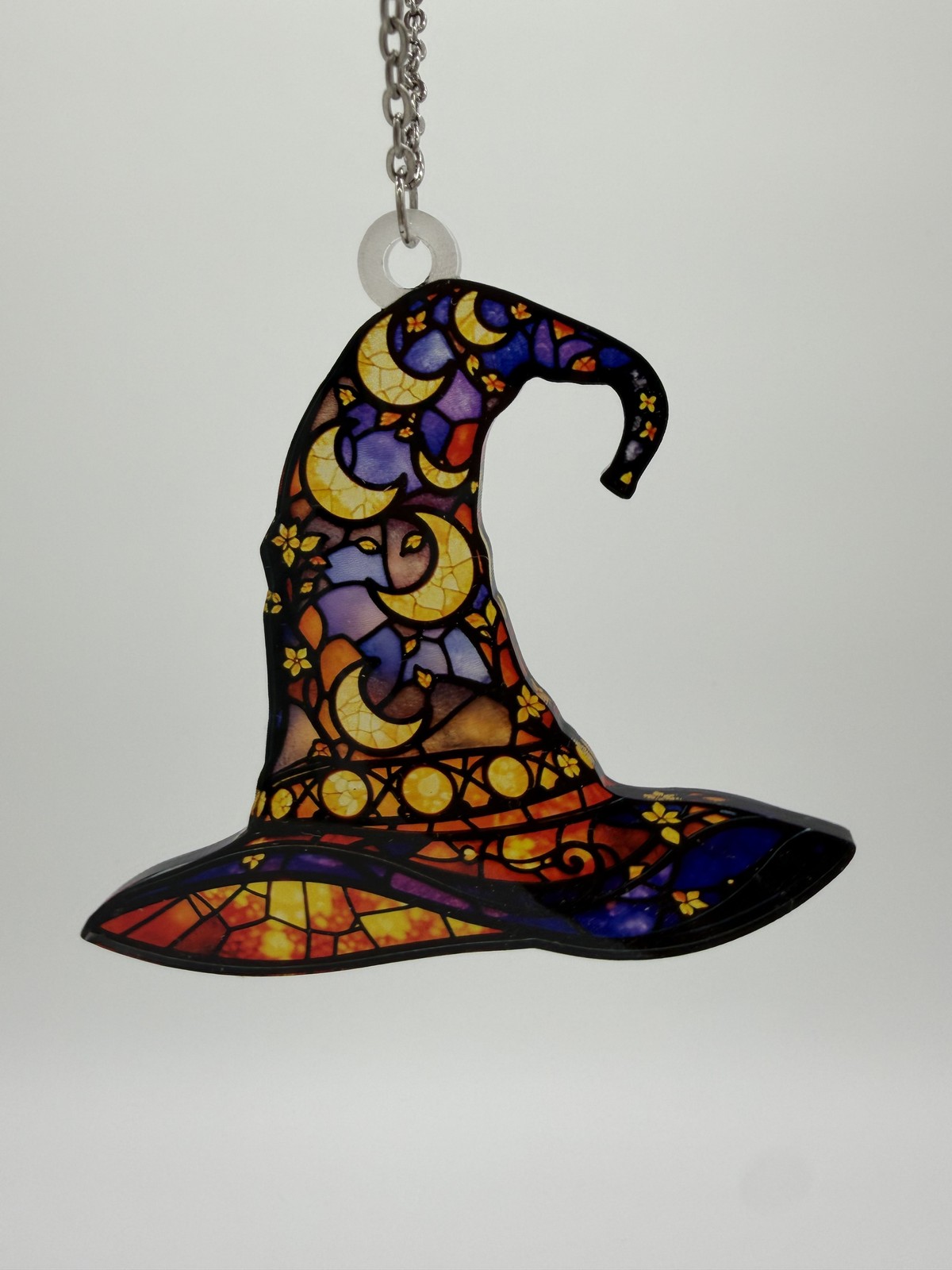 Stained Glass Witch Hat Suncatcher Ornament Crescent Moon Cat 3.5×3.5in Acrylic