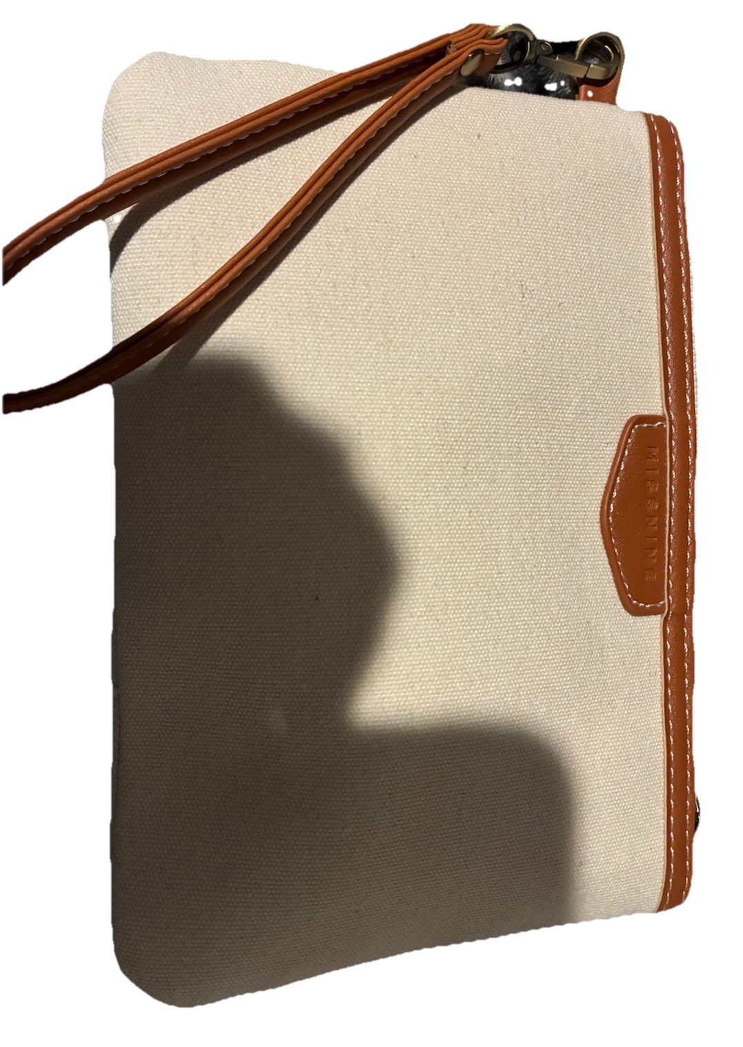Wristlet Beige & Brown Solid Zip Wallet Clutch with Strap Trim
