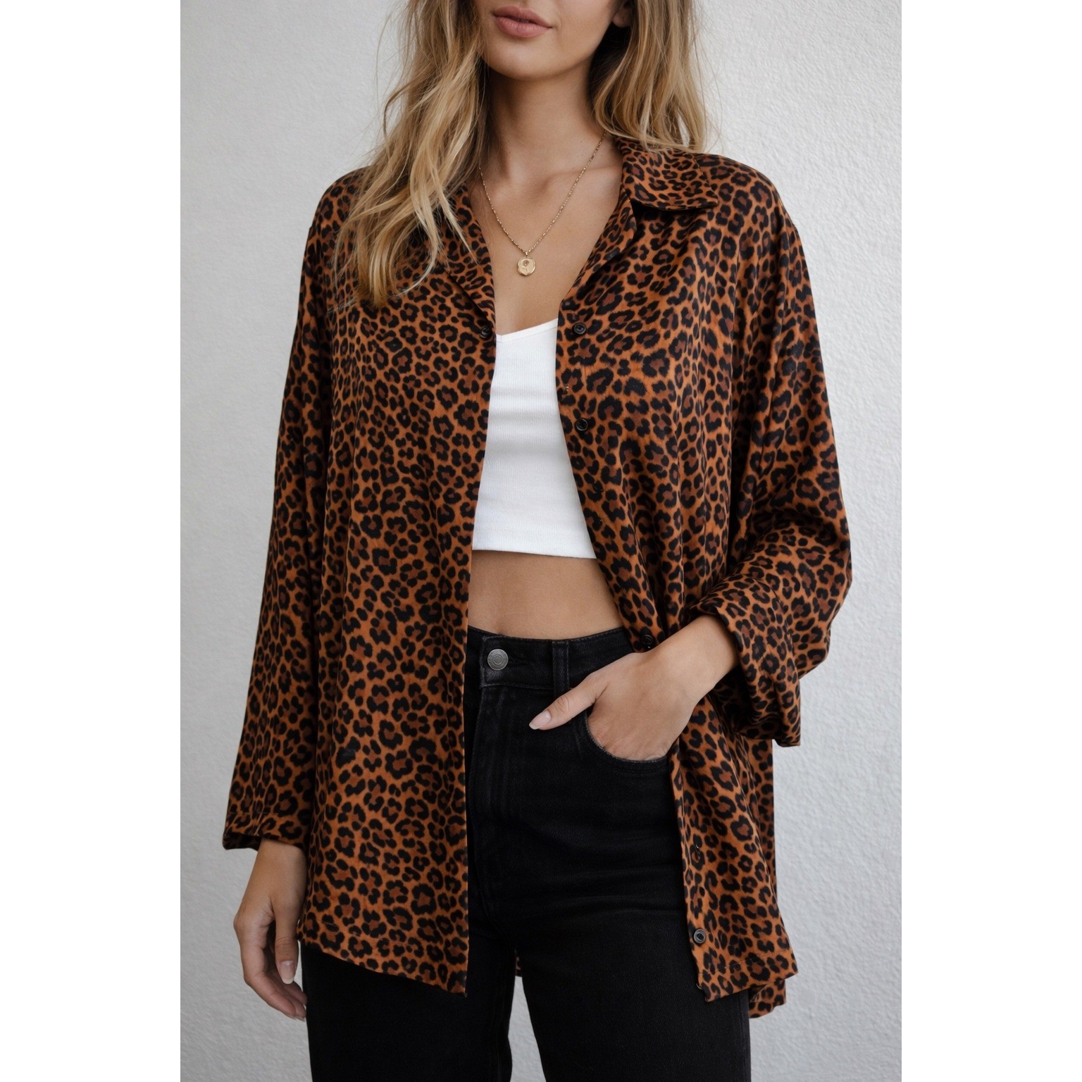 Leopard print satin button up blouse oversized XL