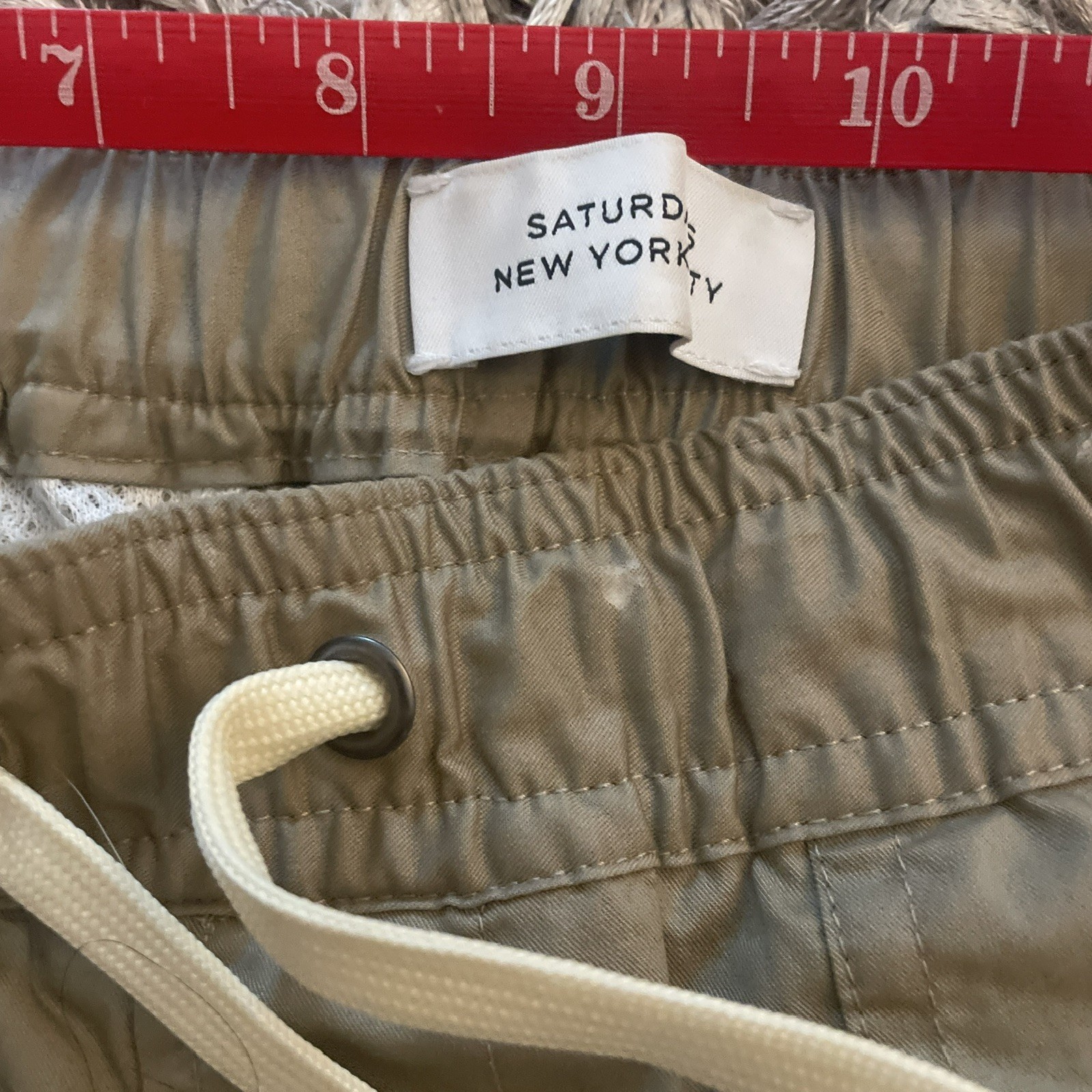 Saturdays NYC Quoin British Khaki Beige Patchwork Pocket 7” Inseam Shorts Small