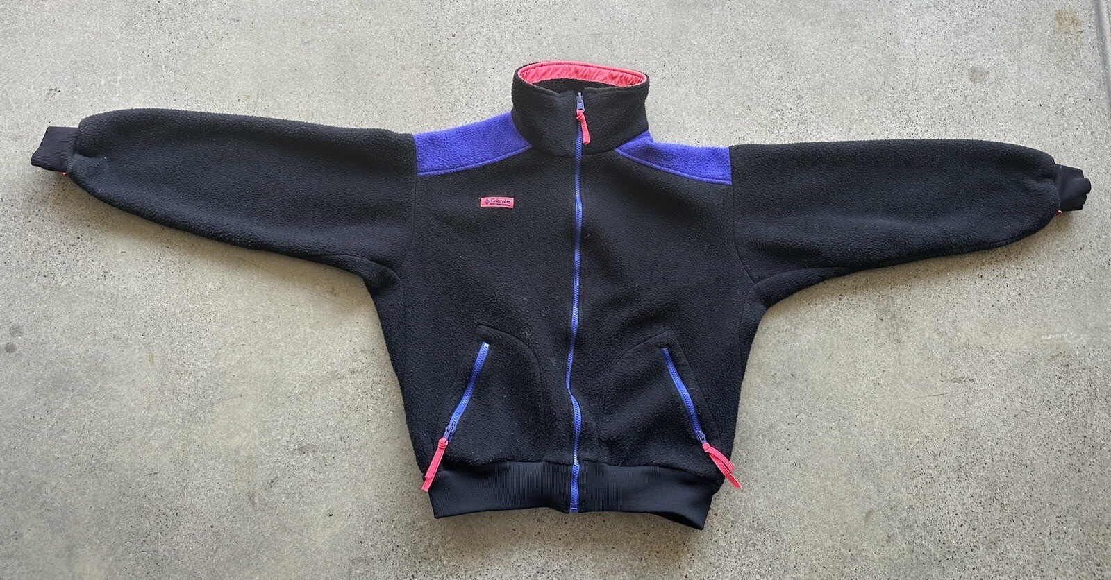Vintage Columbia Black Neon Blue & Pink Mock Neck Fleece Bomber Jacket Size M?