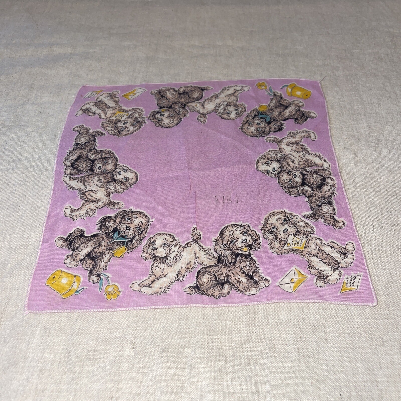 Vintage Novelty print Puppies Puppy love letter print handkerchief