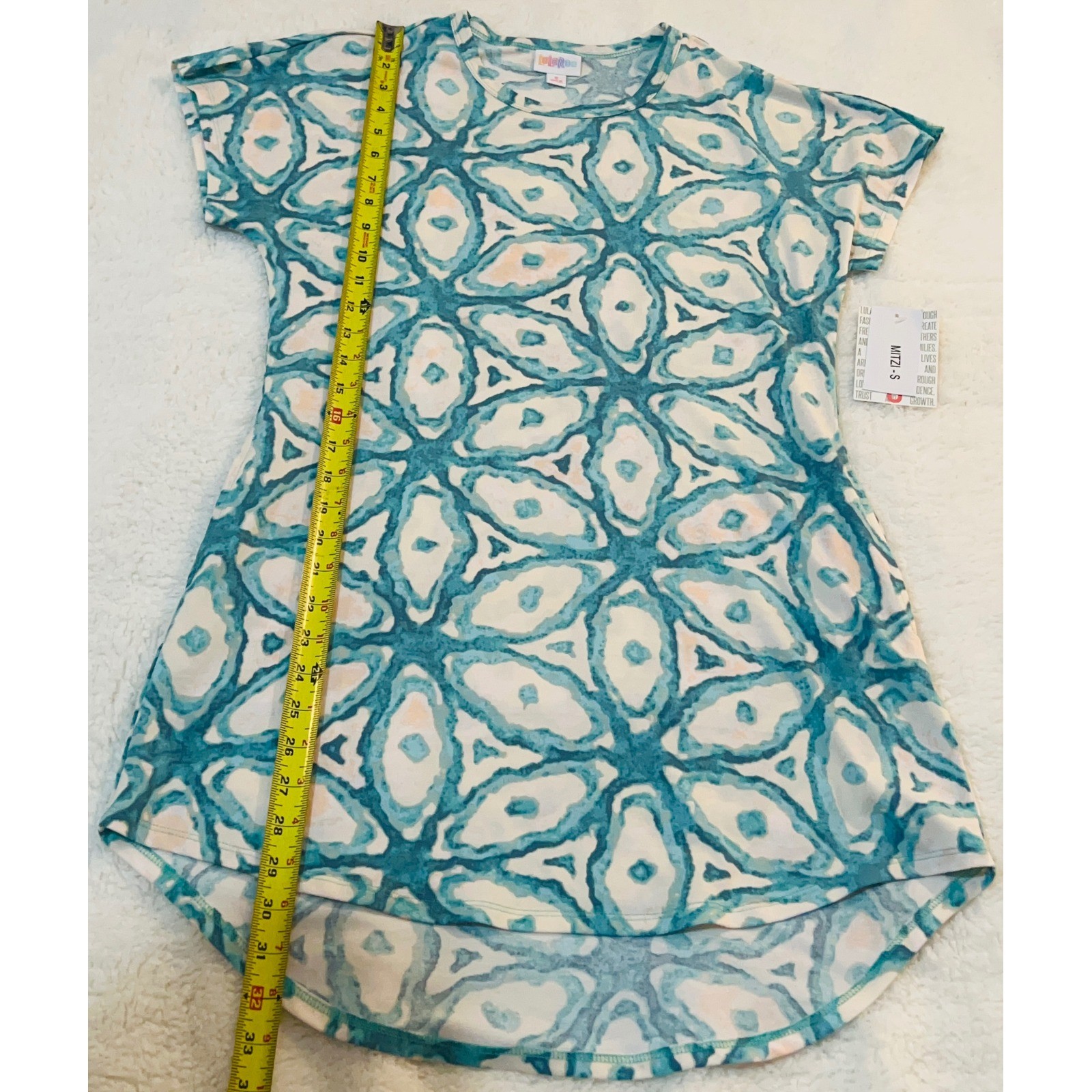 LuLaRoe Mitzi Top Small Teal White Geometric Kaleidoscope High Low Tunic NWT