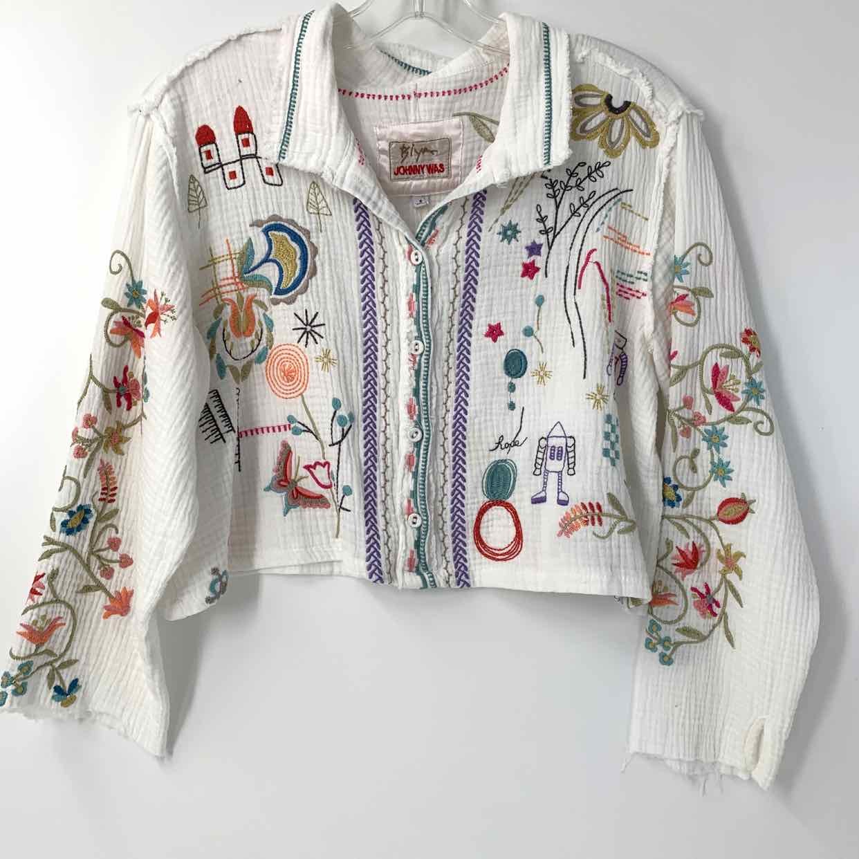 Size SMALL JOHNNY WAS White Multi-Color Embroidered Blouse