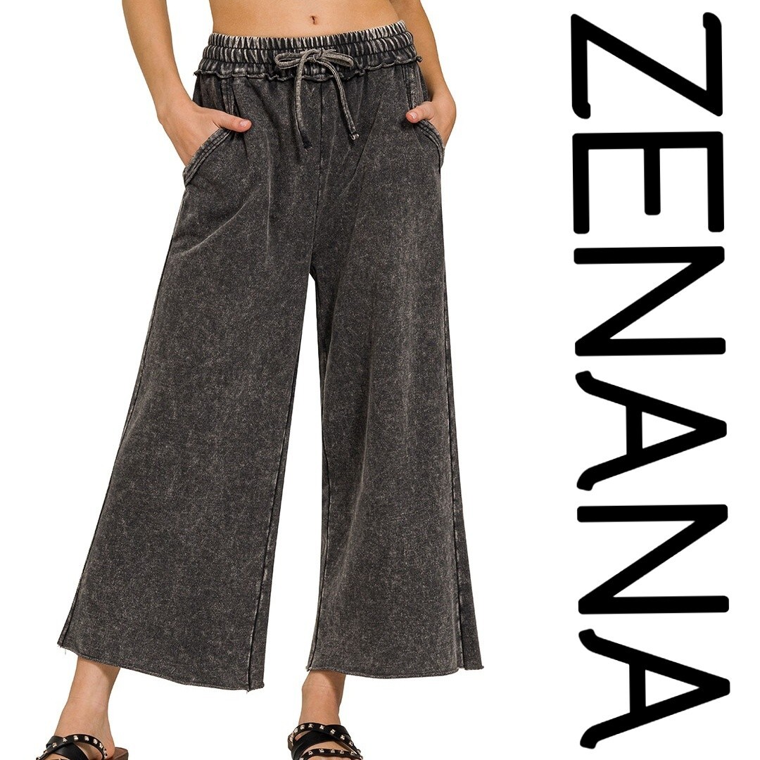 SIZE SML ZENANA ASH BLACK MINERAL WASH FRENCH TERRY WIDE LEG PANTS/CROP BHCS