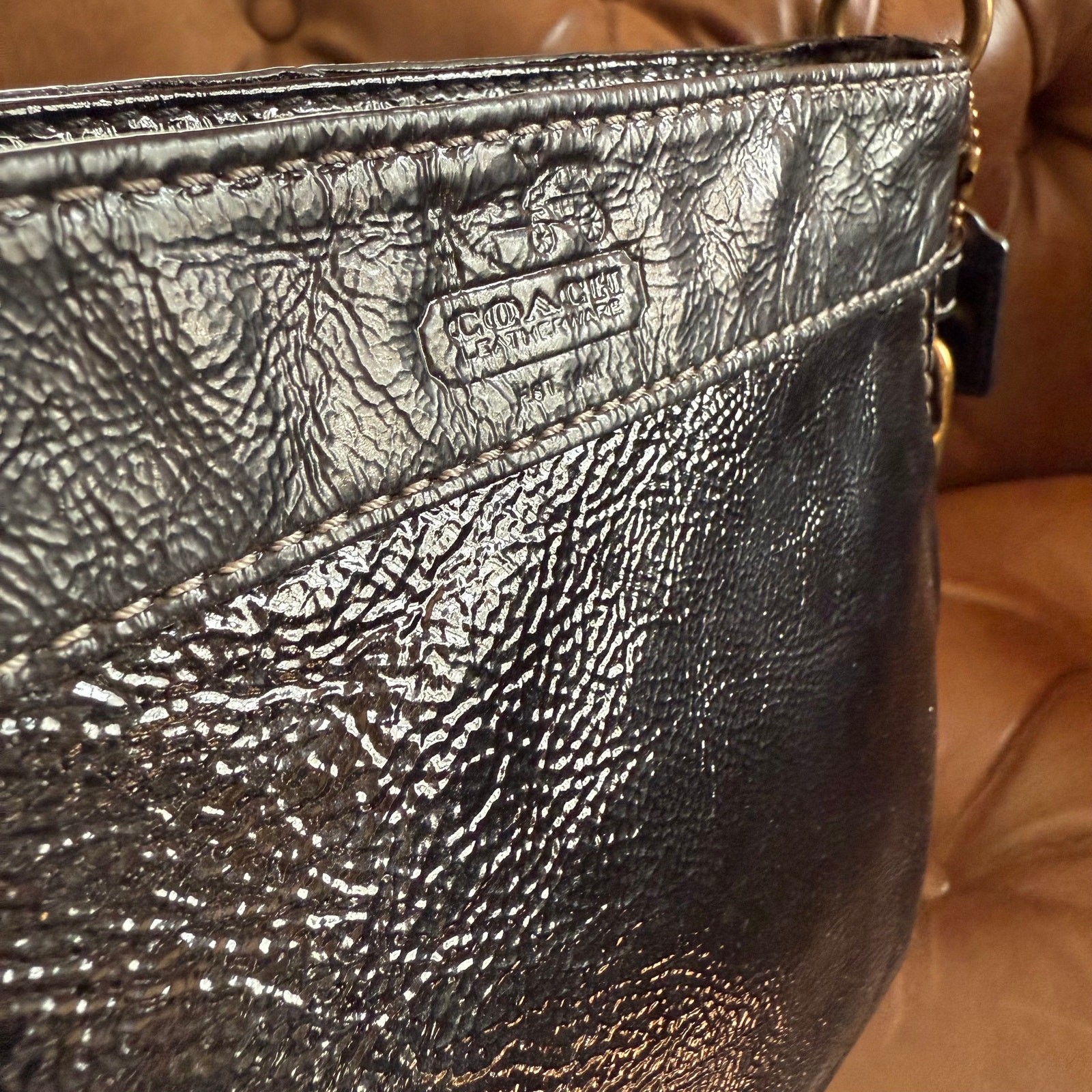 Coach Zoe Shoulder Bag 41869 Black Crinkled Patent Leather Y2K