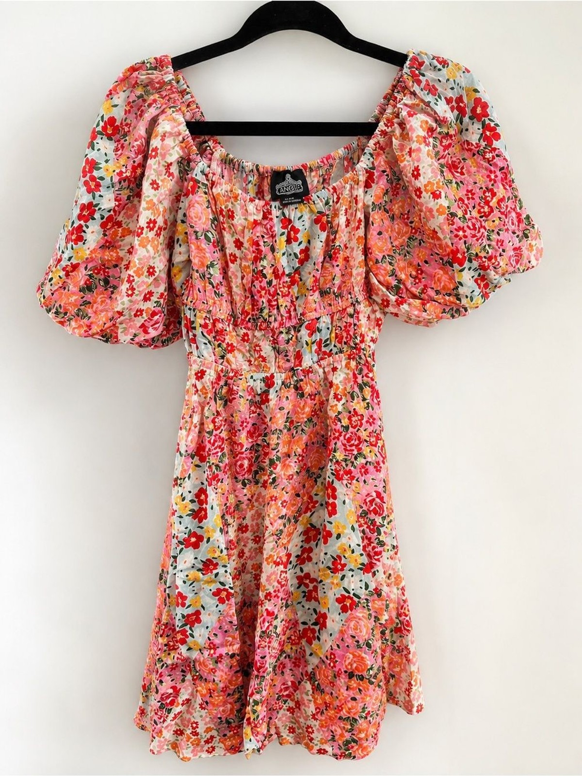 Angie Pink & Red Floral Puff-Sleeve Mini Dress Medium
