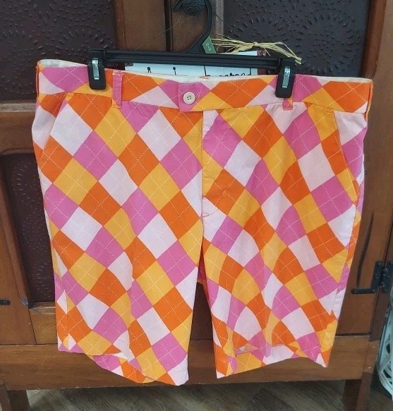 Loudmouth Golf Mens Sz 40 Bermuda Shorts Diamond Plaid Cotton/S Flat Front