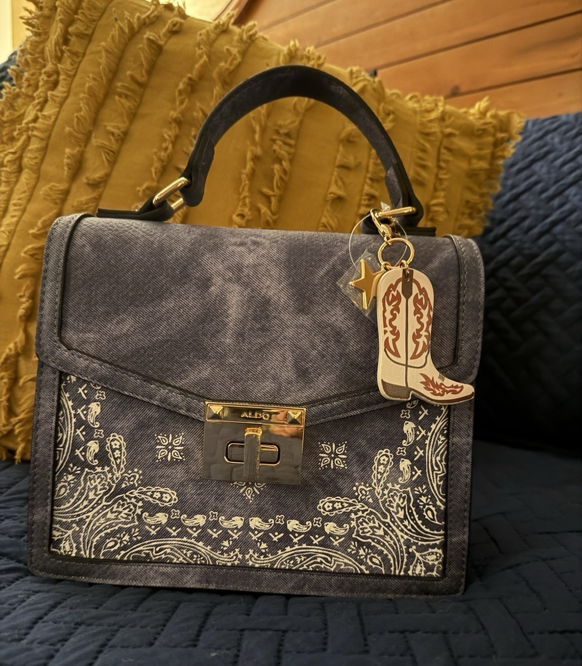 ALDO Blue Paisley Satchel Top Handle Turn Lock Gold Detachable Strap