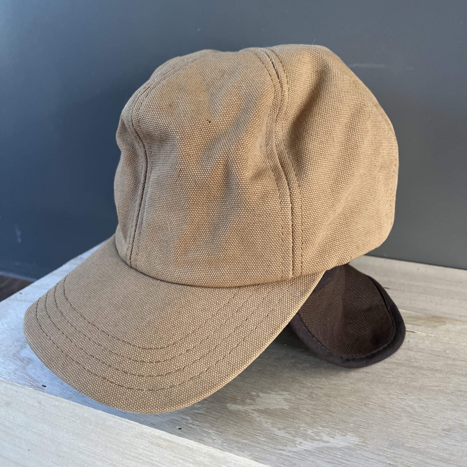 Vintage Duck Canvas Winter Ear Flap Hunting Hat Cap Brown Quilted Lined USA L