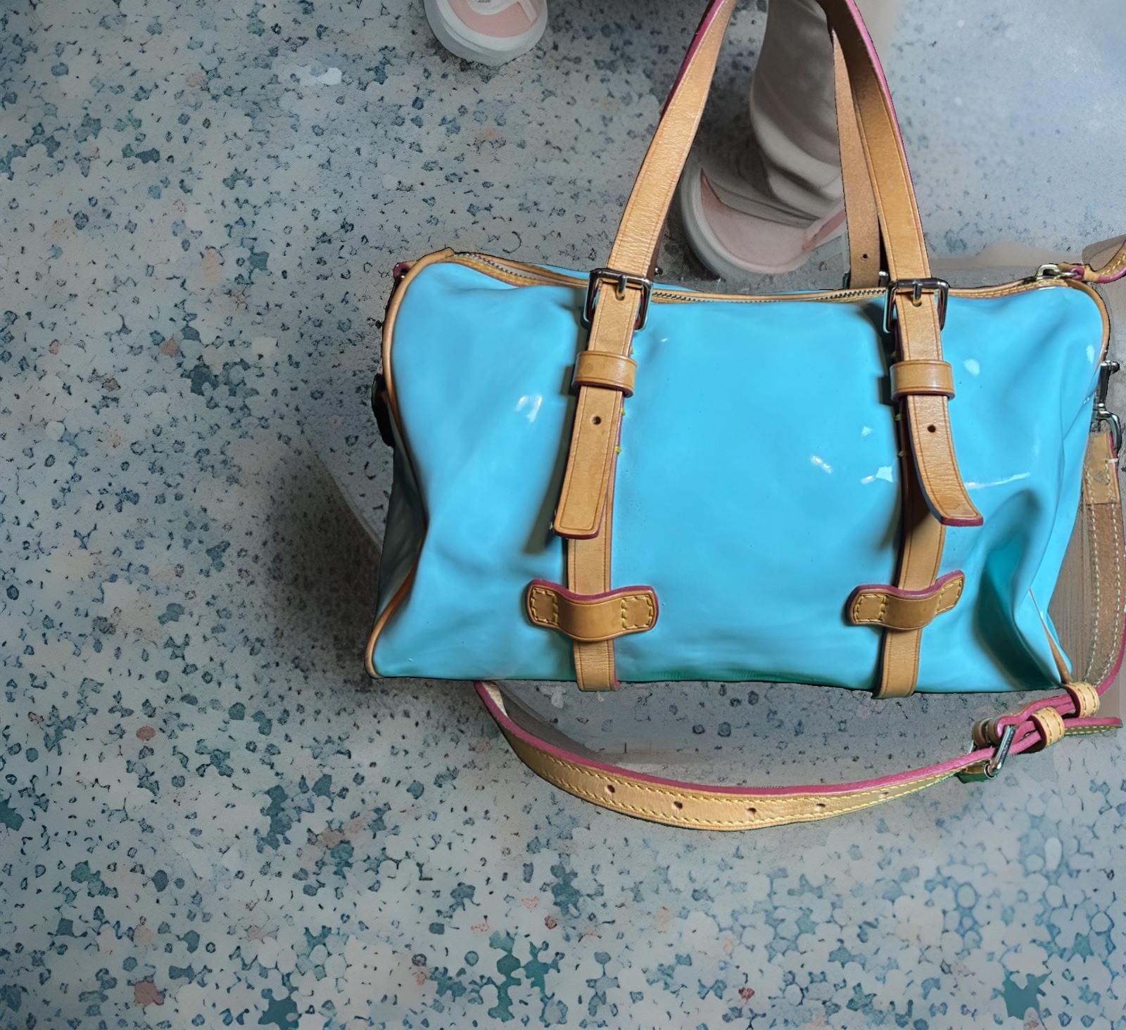 Dooney & Bourke Y2K Light Blue Patent Leather Satchel Bag Red Trim Crossbody