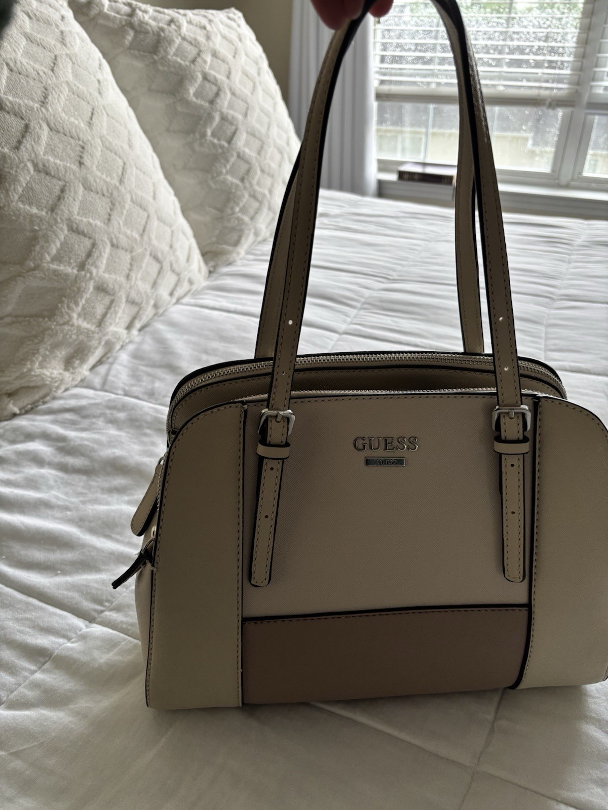 GUESS Beige Double Zip Satchel Top Handle Bag w/ Detachable Strap, Pockets